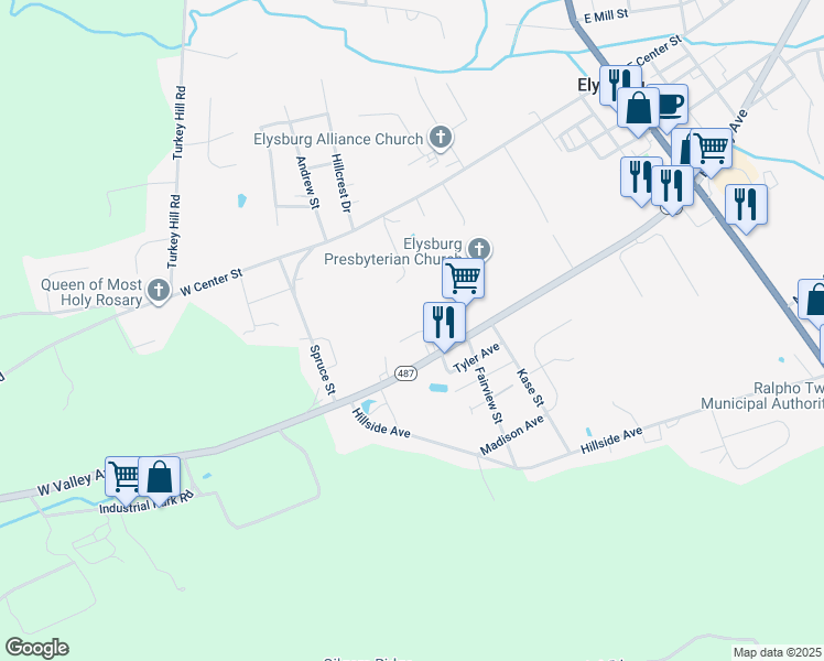 map of restaurants, bars, coffee shops, grocery stores, and more near 140 Horvath Drive in Elysburg