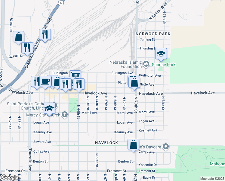 map of restaurants, bars, coffee shops, grocery stores, and more near 6717 Havelock Avenue in Lincoln