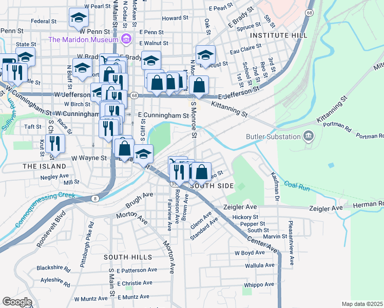 map of restaurants, bars, coffee shops, grocery stores, and more near 216 South Monroe Street in Butler