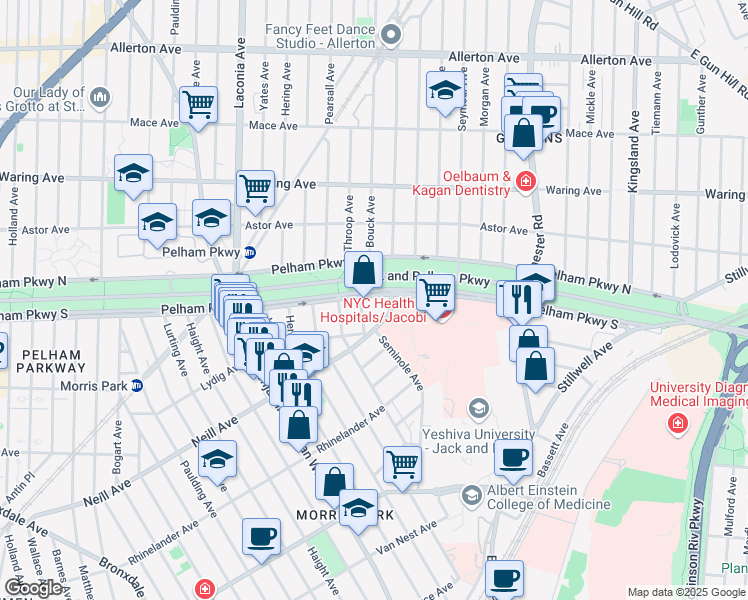 map of restaurants, bars, coffee shops, grocery stores, and more near 1268 Pelham Parkway South in Bronx