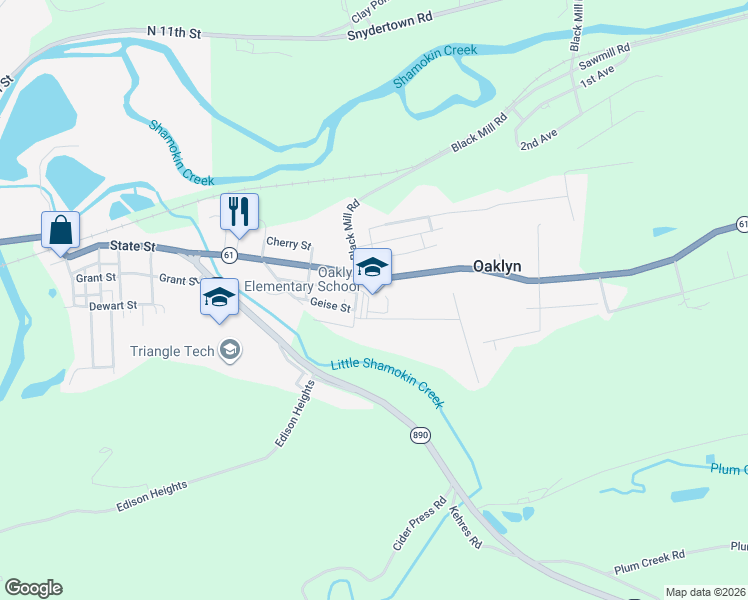 map of restaurants, bars, coffee shops, grocery stores, and more near Oak Street in Northumberland County