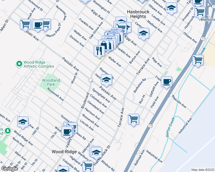 map of restaurants, bars, coffee shops, grocery stores, and more near 262 Henry Street in Hasbrouck Heights