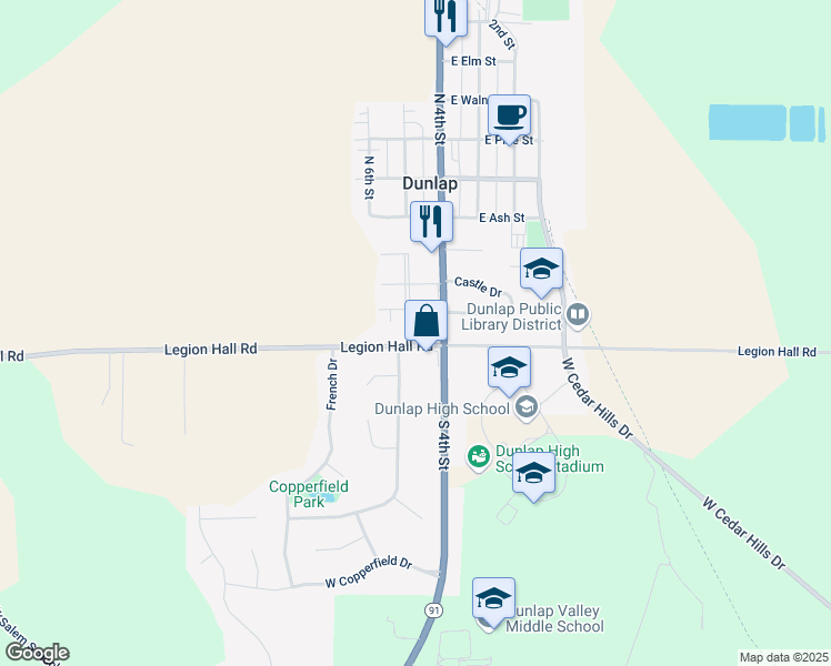 map of restaurants, bars, coffee shops, grocery stores, and more near 5517 Legion Hall Road in Dunlap