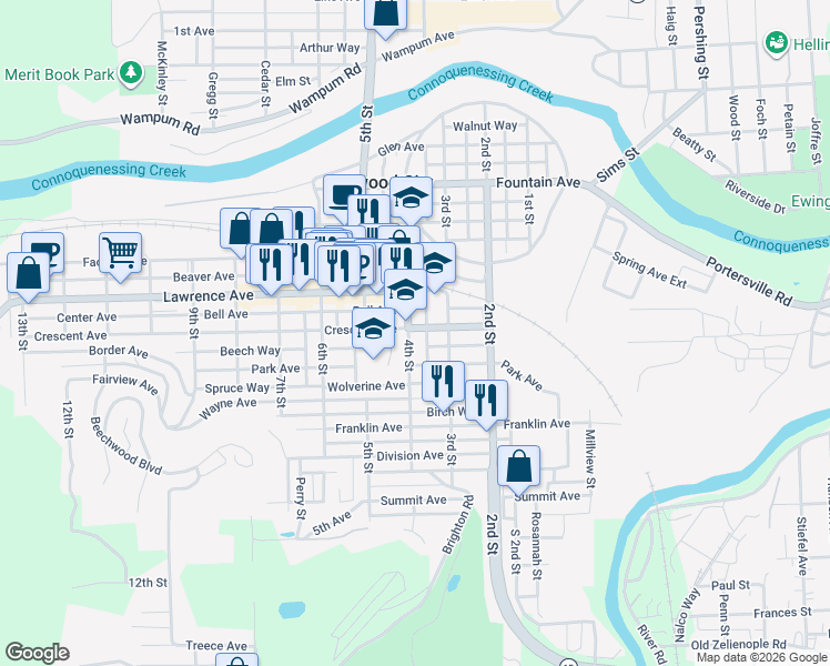 map of restaurants, bars, coffee shops, grocery stores, and more near 401 4th Street in Ellwood City