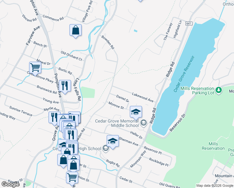map of restaurants, bars, coffee shops, grocery stores, and more near 11 Daniel Drive in Cedar Grove