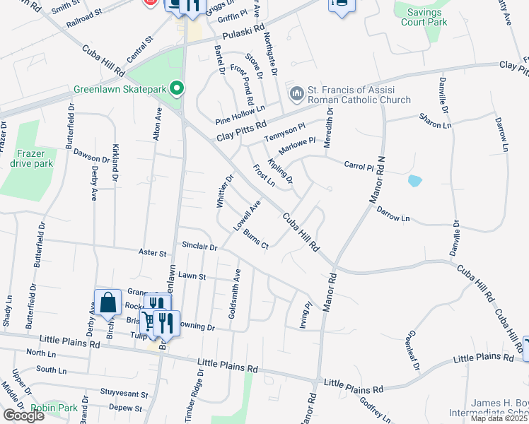 map of restaurants, bars, coffee shops, grocery stores, and more near 98 Cuba Hill Road in Greenlawn