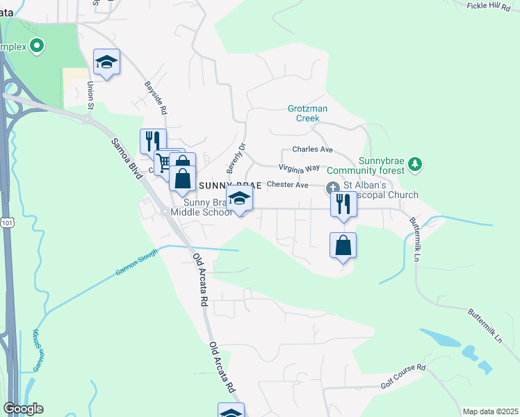 map of restaurants, bars, coffee shops, grocery stores, and more near 1435 Buttermilk Lane in Arcata