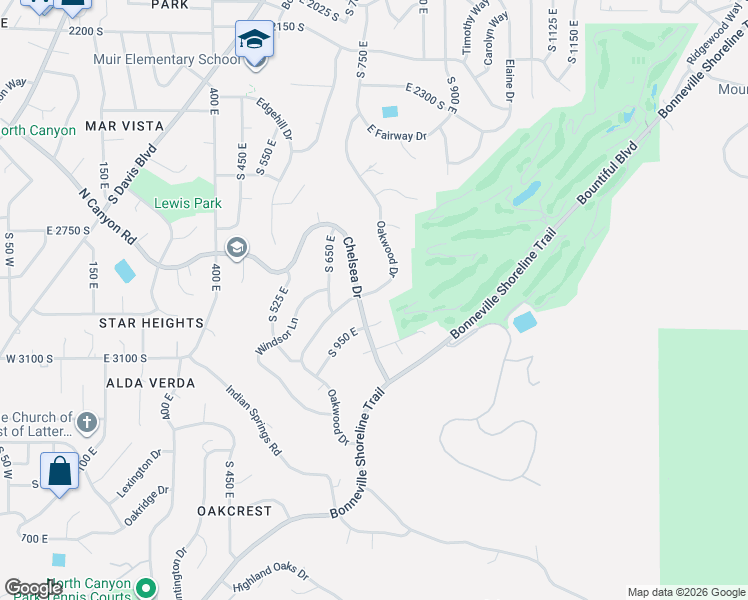 map of restaurants, bars, coffee shops, grocery stores, and more near 2941 Oakwood Drive in Bountiful