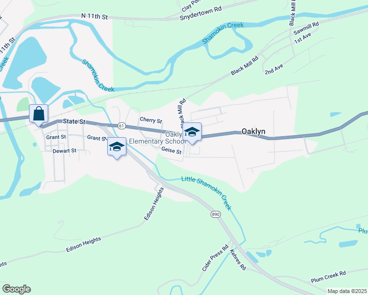 map of restaurants, bars, coffee shops, grocery stores, and more near Oak Street in Northumberland County