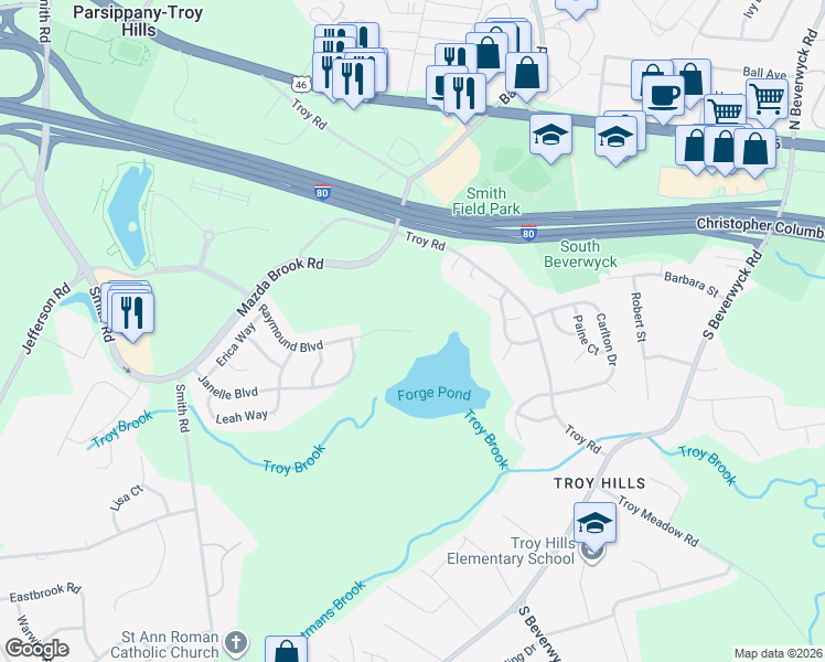 map of restaurants, bars, coffee shops, grocery stores, and more near 365 Raymound Boulevard in Parsippany-Troy Hills