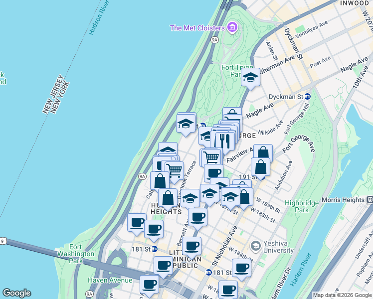 map of restaurants, bars, coffee shops, grocery stores, and more near in New York