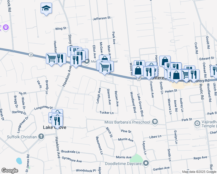 map of restaurants, bars, coffee shops, grocery stores, and more near 23 Dianne Avenue in Centereach