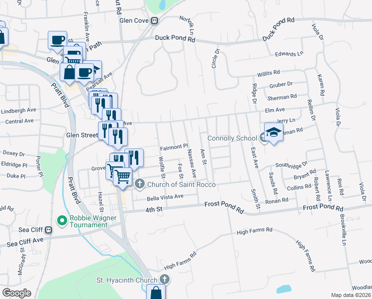 map of restaurants, bars, coffee shops, grocery stores, and more near 61 1st Street Extension in Glen Cove