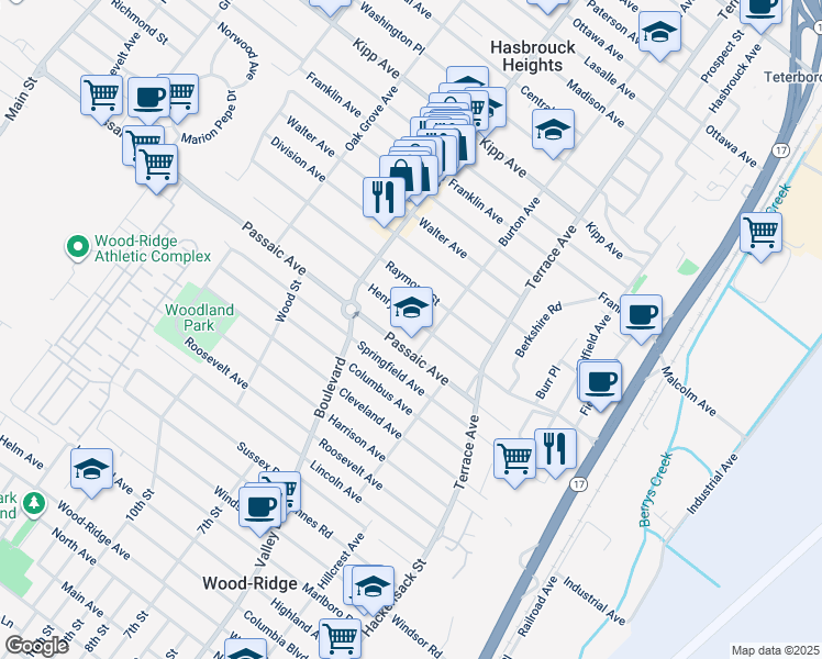 map of restaurants, bars, coffee shops, grocery stores, and more near 262 Henry Street in Hasbrouck Heights