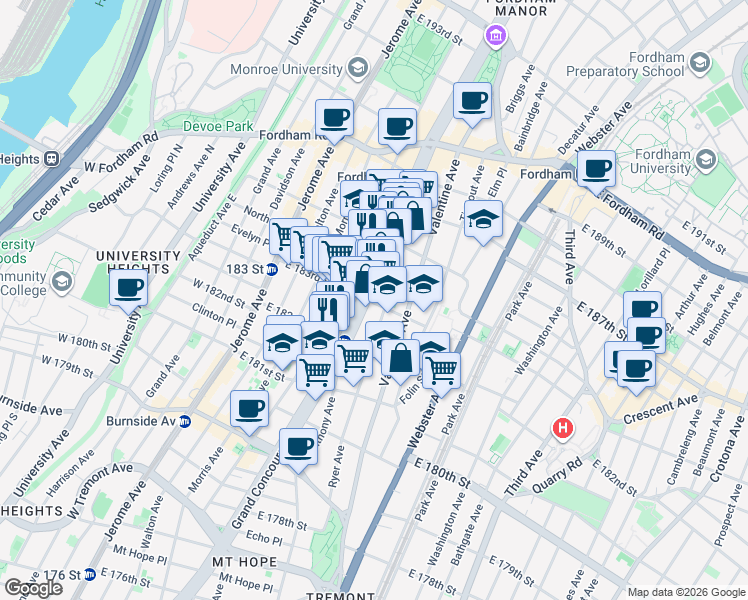 map of restaurants, bars, coffee shops, grocery stores, and more near 2310 Grand Concourse in The Bronx