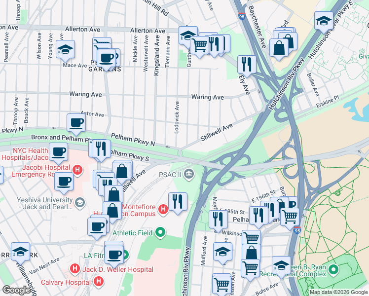 map of restaurants, bars, coffee shops, grocery stores, and more near 1824 Stillwell Avenue in Bronx
