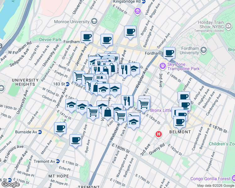 map of restaurants, bars, coffee shops, grocery stores, and more near 2333 Tiebout Avenue in The Bronx