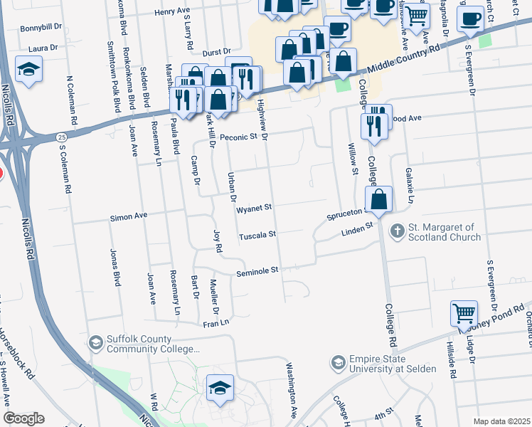 map of restaurants, bars, coffee shops, grocery stores, and more near 84 Highview Drive in Selden