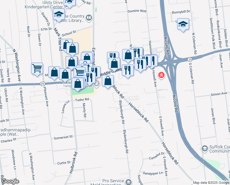 map of restaurants, bars, coffee shops, grocery stores, and more near 62 Horseblock Road in Centereach
