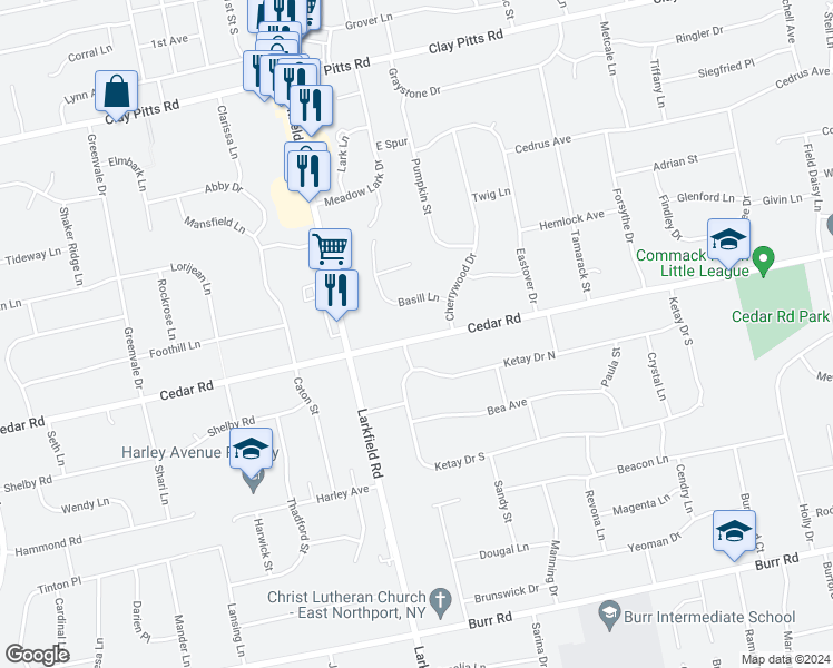 map of restaurants, bars, coffee shops, grocery stores, and more near 109 Cedar Road in East Northport