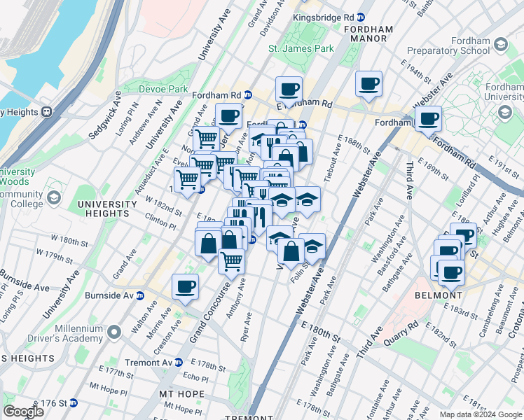 map of restaurants, bars, coffee shops, grocery stores, and more near 2236 Grand Concourse in The Bronx