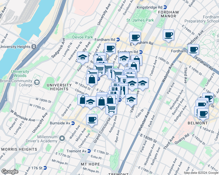map of restaurants, bars, coffee shops, grocery stores, and more near 2244 Morris Avenue in Bronx