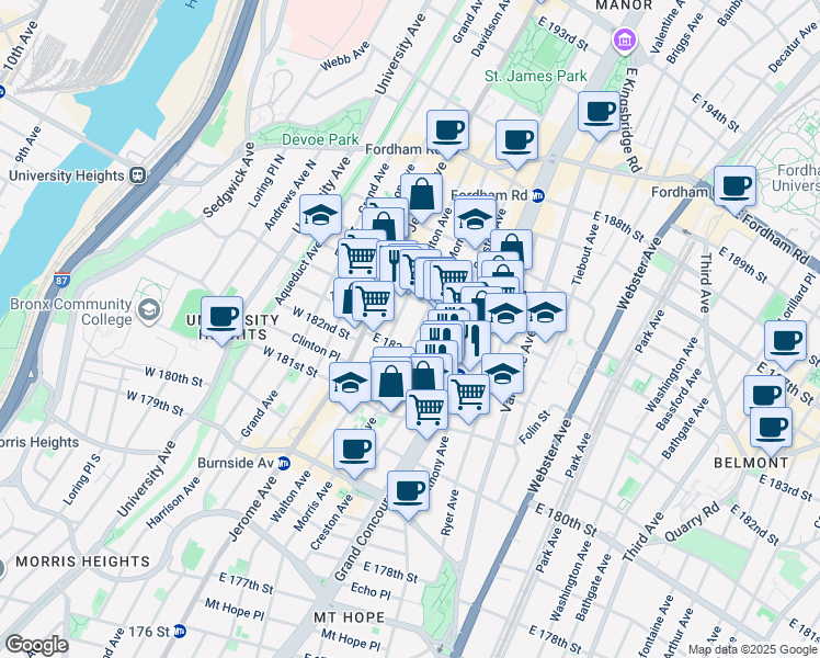 map of restaurants, bars, coffee shops, grocery stores, and more near 2244 Morris Avenue in Bronx