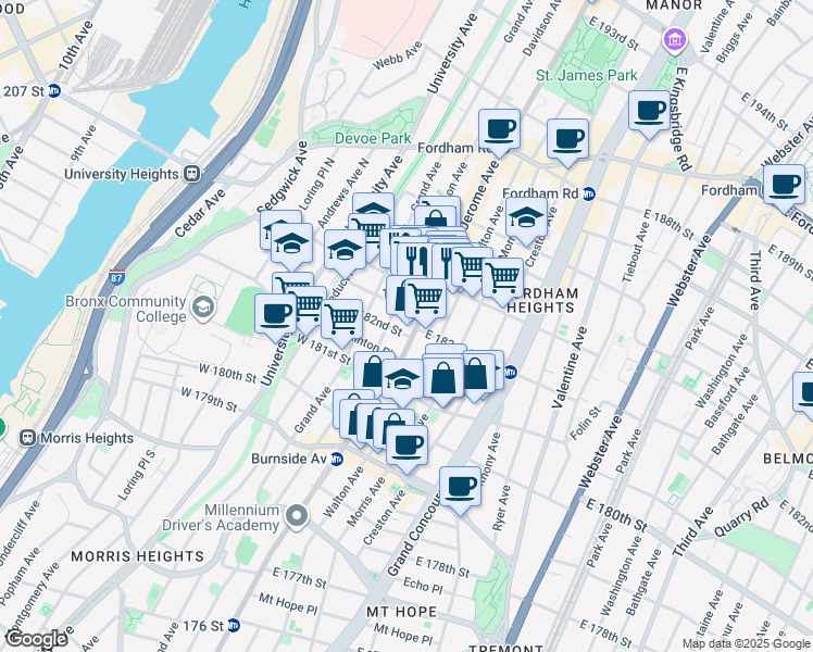 map of restaurants, bars, coffee shops, grocery stores, and more near 2195 Jerome Avenue in The Bronx