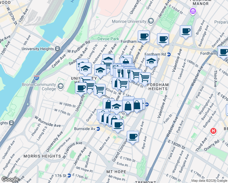 map of restaurants, bars, coffee shops, grocery stores, and more near 2195 Jerome Avenue in The Bronx