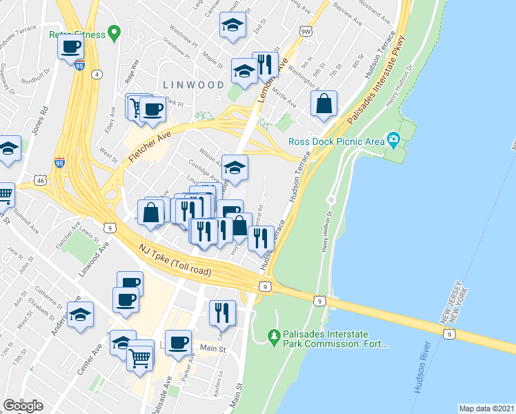 map of restaurants, bars, coffee shops, grocery stores, and more near 2193 North Central Road in Fort Lee