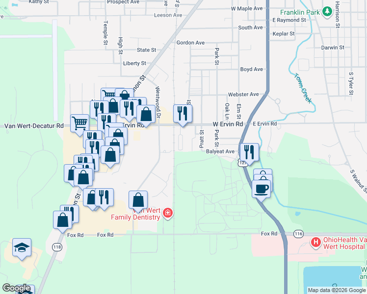 map of restaurants, bars, coffee shops, grocery stores, and more near 1100-1178 Bell Avenue in Van Wert