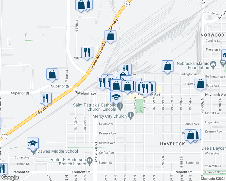 map of restaurants, bars, coffee shops, grocery stores, and more near 6037 Havelock Avenue in Lincoln