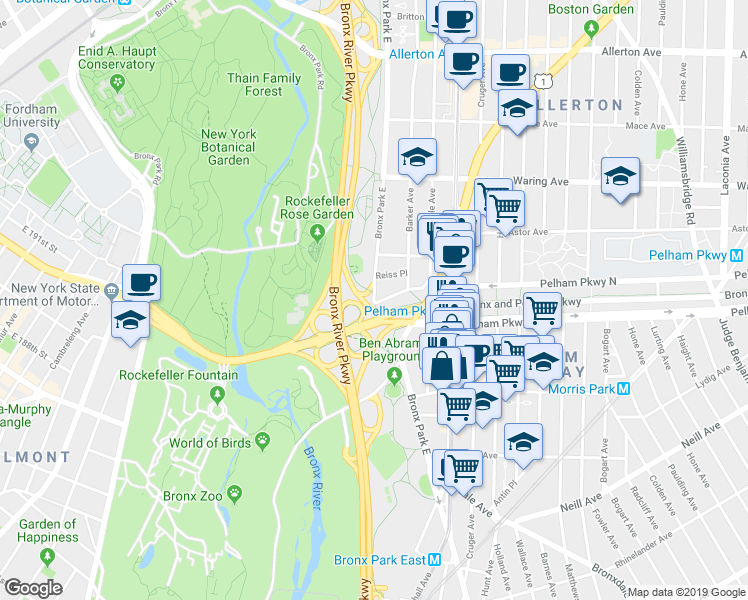 map of restaurants, bars, coffee shops, grocery stores, and more near Pelham Pkwy N & Bronx Park E in Bronx