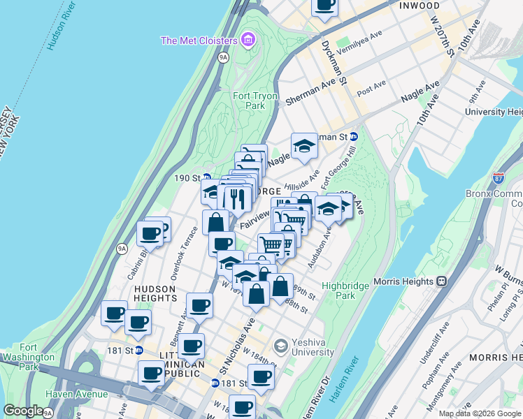 map of restaurants, bars, coffee shops, grocery stores, and more near 12 Broadway Terrace in New York