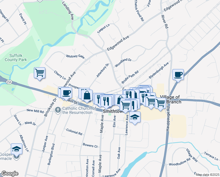 map of restaurants, bars, coffee shops, grocery stores, and more near 200 Landing Avenue in Smithtown