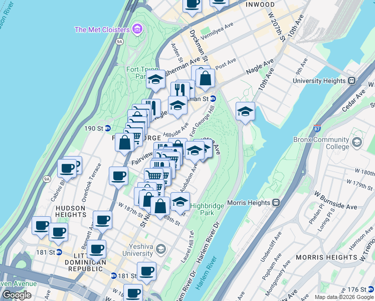 map of restaurants, bars, coffee shops, grocery stores, and more near 124 Fort George Avenue in New York