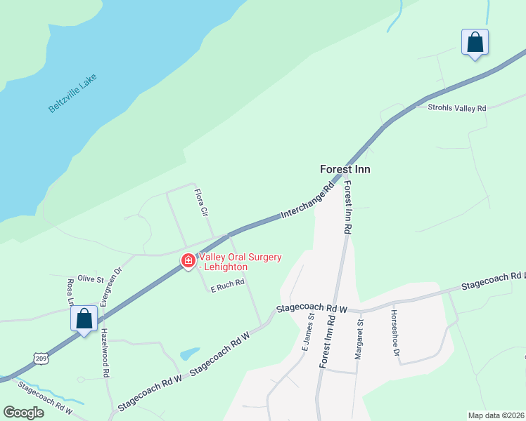 map of restaurants, bars, coffee shops, grocery stores, and more near 5955 Interchange Road in Lehighton