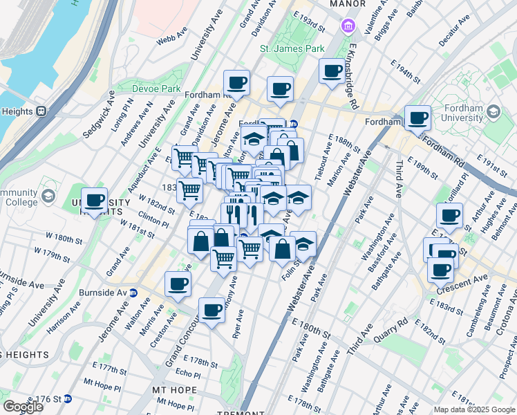 map of restaurants, bars, coffee shops, grocery stores, and more near Grand Concourse & East 183rd Street in Bronx