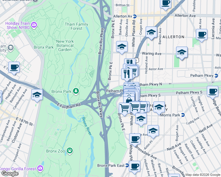 map of restaurants, bars, coffee shops, grocery stores, and more near 615 Pelham Parkway North in Bronx