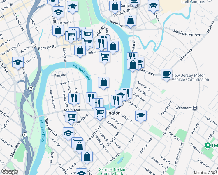 map of restaurants, bars, coffee shops, grocery stores, and more near 38 8th Street in Passaic