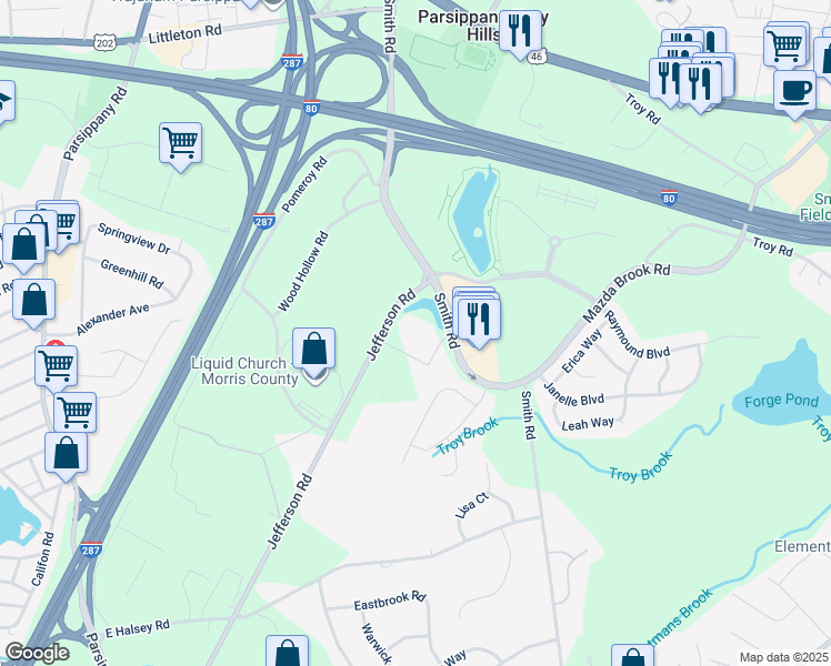map of restaurants, bars, coffee shops, grocery stores, and more near 99 Jefferson Road in Parsippany-Troy Hills