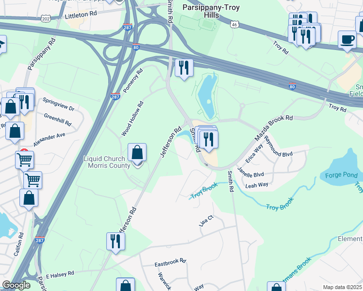 map of restaurants, bars, coffee shops, grocery stores, and more near 99 Jefferson Road in Parsippany-Troy Hills