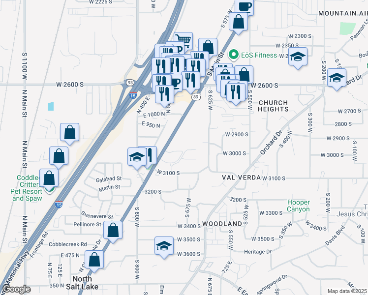 map of restaurants, bars, coffee shops, grocery stores, and more near 850 U.S. 89 in North Salt Lake