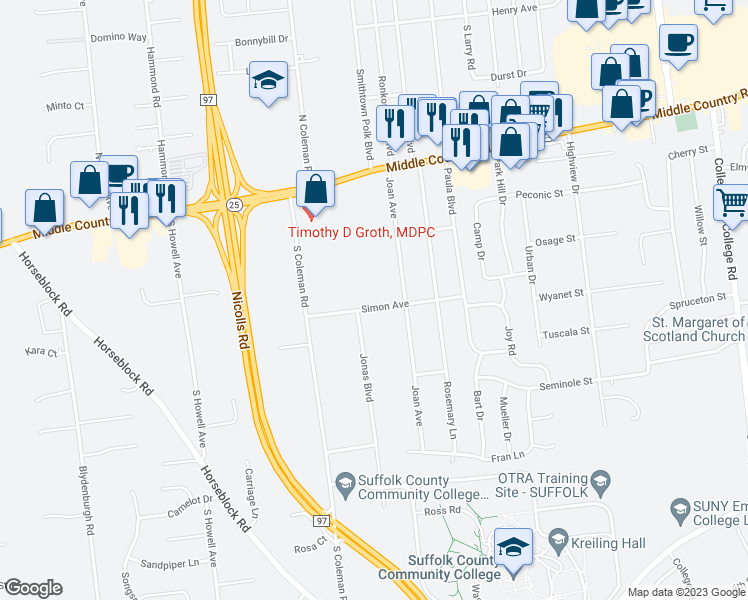 map of restaurants, bars, coffee shops, grocery stores, and more near 21 Simon Avenue in Centereach
