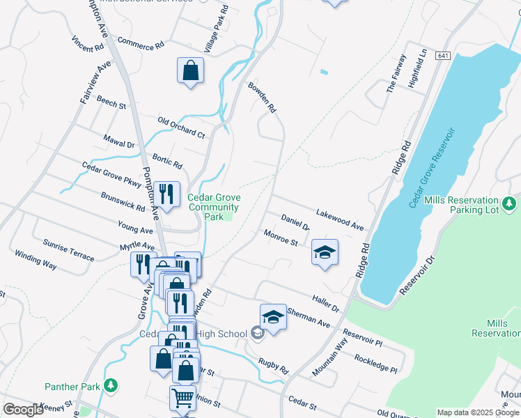 map of restaurants, bars, coffee shops, grocery stores, and more near 186 Bowden Road in Cedar Grove