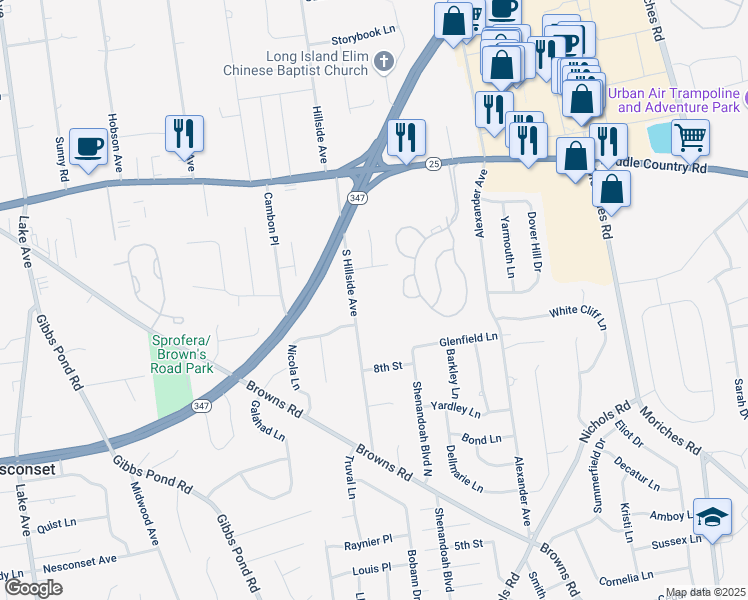 map of restaurants, bars, coffee shops, grocery stores, and more near 125 South Hillside Avenue in Nesconset