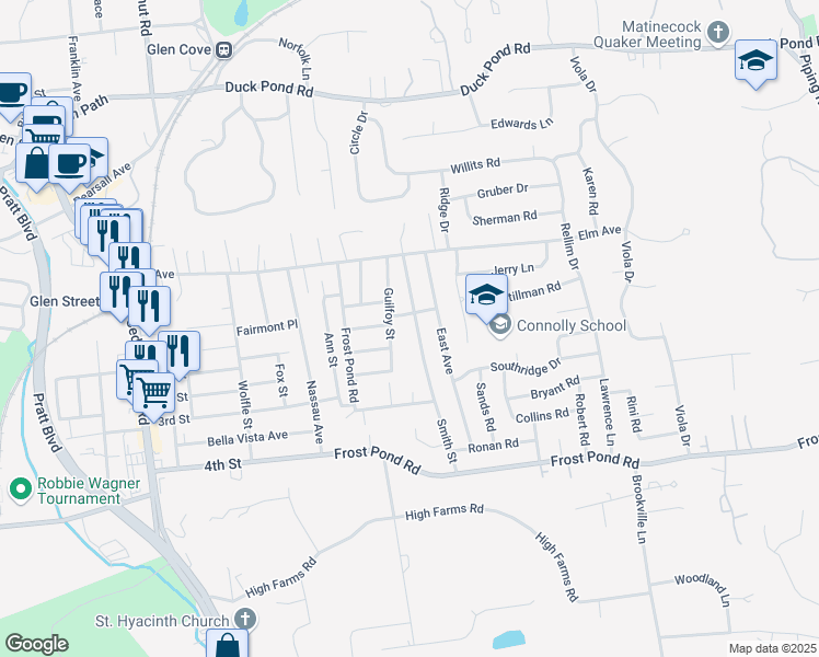 map of restaurants, bars, coffee shops, grocery stores, and more near 31 Guilfoy Street in Glen Cove