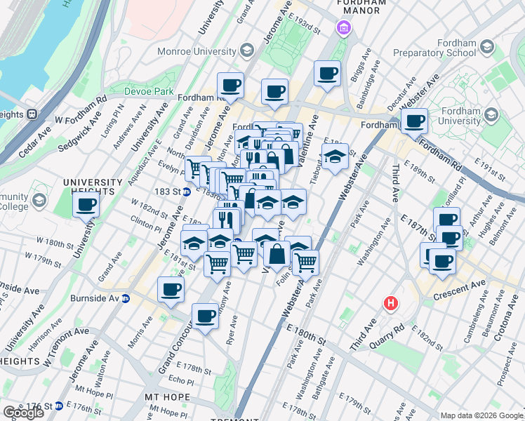 map of restaurants, bars, coffee shops, grocery stores, and more near 2310 Grand Concourse in The Bronx