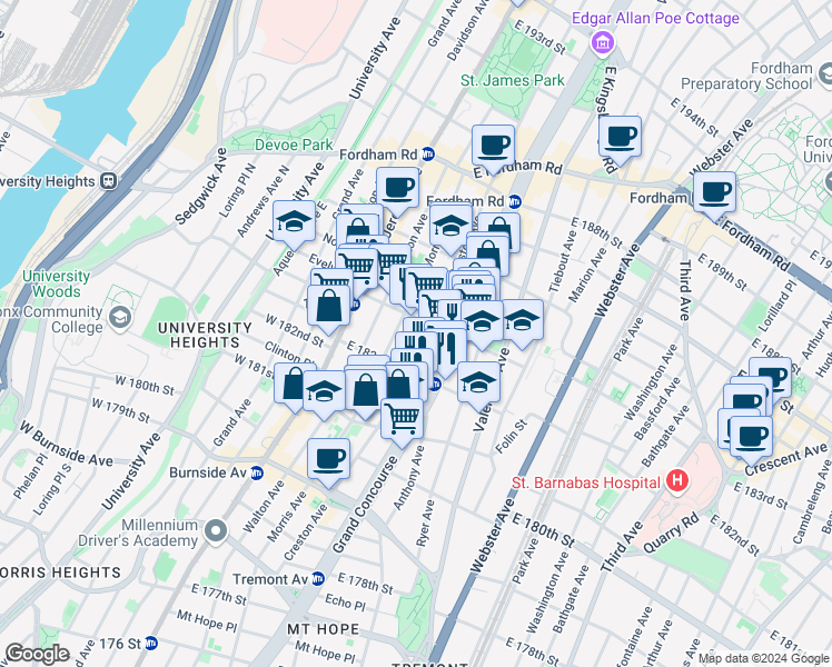 map of restaurants, bars, coffee shops, grocery stores, and more near 2244 Morris Avenue in Bronx