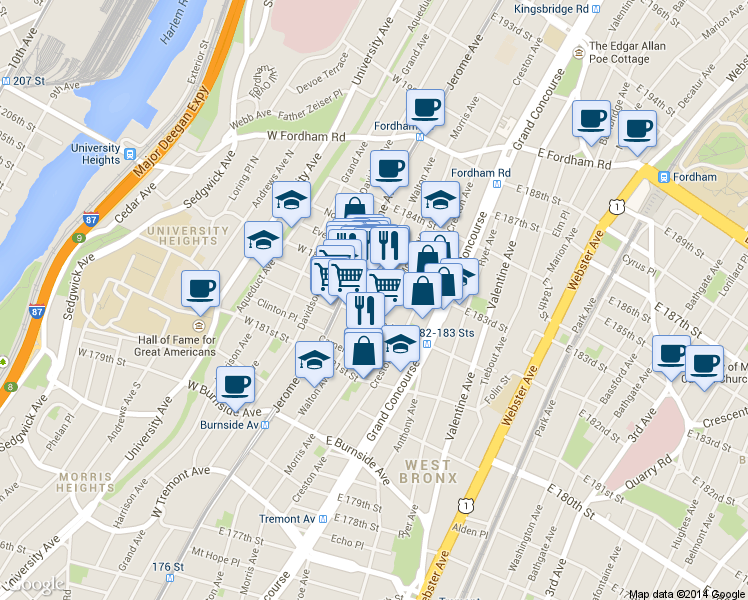 map of restaurants, bars, coffee shops, grocery stores, and more near in The Bronx